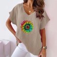 thumbnail image 1 of Fiudx Liquidación de Ahorros de Verano Camiseta de Manga Corta con Mangas Informales de Algodón y Cáñamo con Cuello En V y Estampado de Girasoles para Mujer, 1 of 6