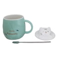 thumbnail image 4 of Whimsical Green Chubby Feline Kitty Cat Cup Mug With Lid And Stirring Spoon, 4 of 9