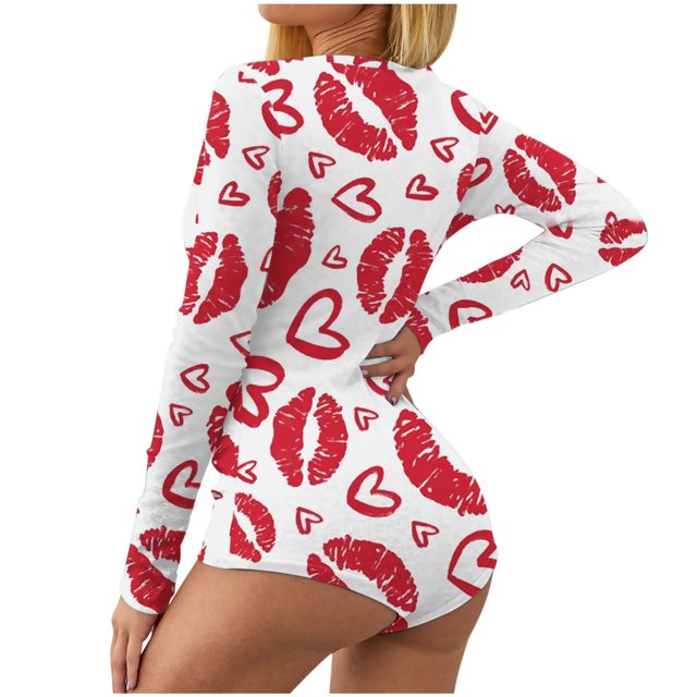 Body Sexy de manga larga con cuello en V y estampado sin posición para el Día de San Valentín para mujer, lencería Sexy, pijama, mono Fridja nalpqowj17933