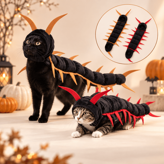 Cat Centipede Costume Halloween Pet Clothes, Plush Caterpillar Insect Outfit with Adjustable Straps, Funny Bug Cosplay Costume for Cats, Small Dogs and Holiday Parties