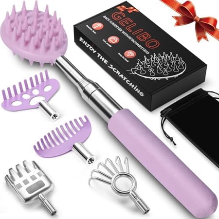 Telescoping Back Scratcher with 5Pcs Detachable Heads Fathers Day Dad Gifts from Wife Daughter Son Mens Gifts Husband Extendable Back Massager Tool with Beautiful Box – Purple
