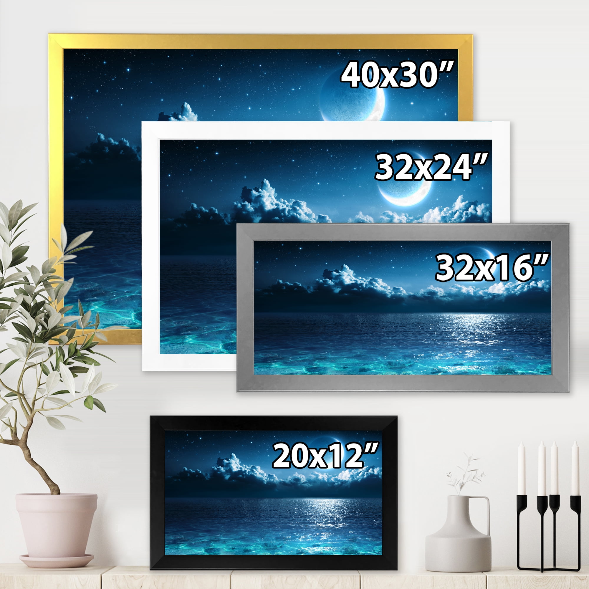 Designart 'Romantic Moon and Clouds Over Deep Blue Sea I' Nautical & Coastal Framed Art Print