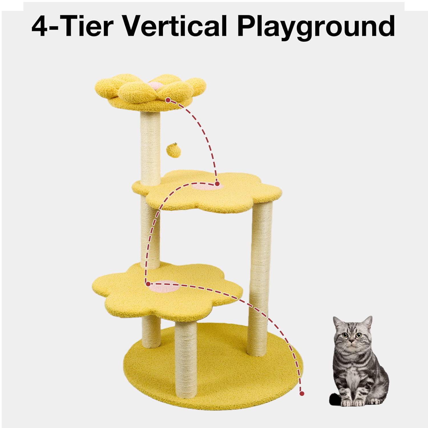 Daisy Flower Cat Tree, 3-Tier, Plush Perches, Sisal Scratching Posts, Yellow Color, 26" Base