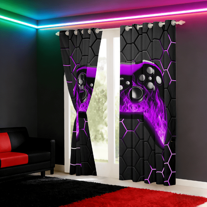 Manfei Neon Gamepad Curtains and Drapes (38x45),Modern Geometric Honeycomb Blackout Curtains for Bedroom,Pueple Black Curtains Pack of 2 (38x45) For Boys Kids,Super Cozy Bedroom Decor