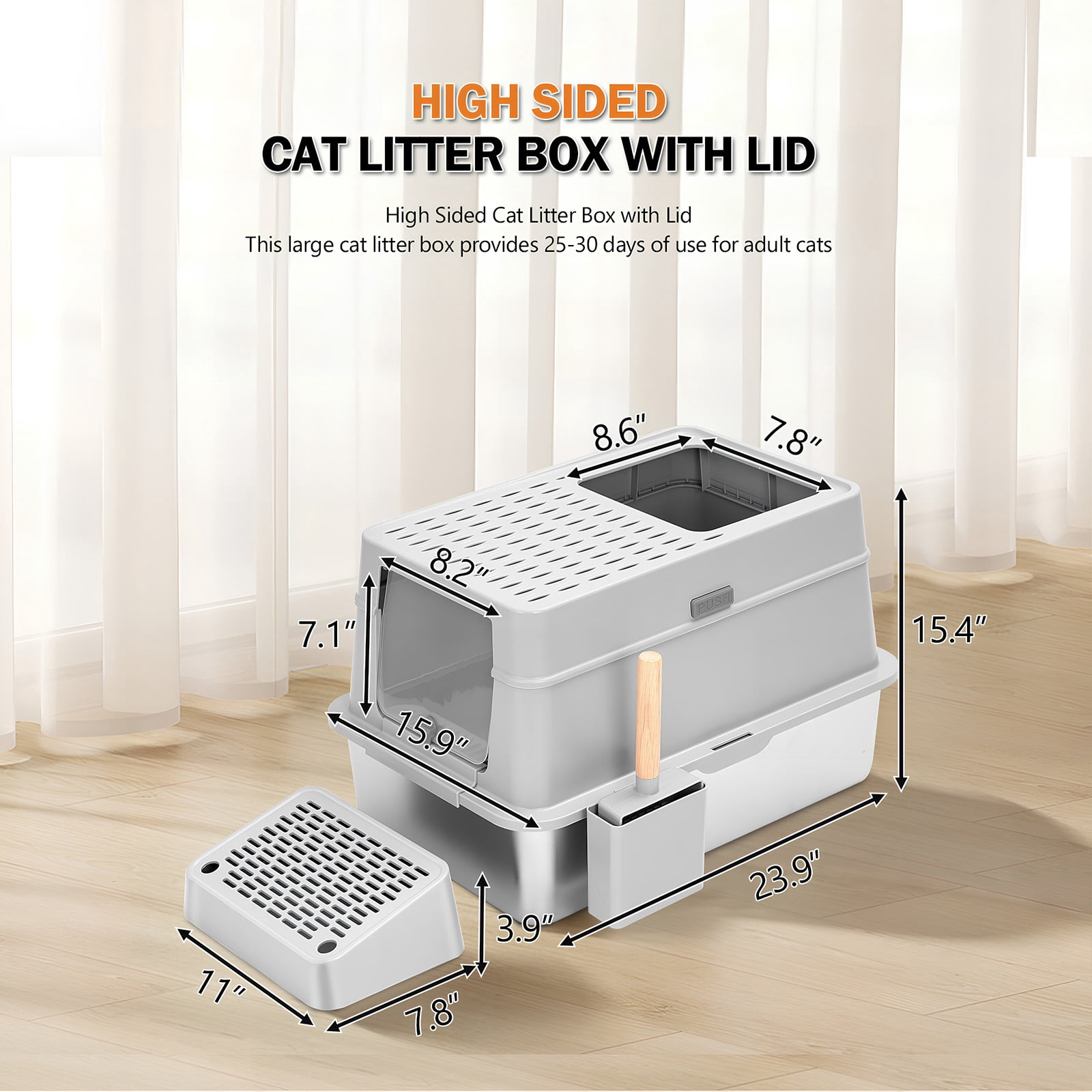 Furrbby Covered Stainless Steel Litter Box, Large High Side for Cat, Grey