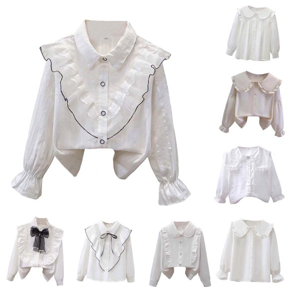 SOFTCCLO Girls Shirts Long Sleeve Lapel Collar Solid Color Lace Detail Soft Casual Everyday Layering Kids Shirts 3-4Y