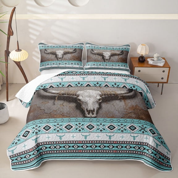 jejeloiu Teal Aztec Bull Skull Western Twin Quilt Set Kids,Boho Farm Print Twin Coverlet Set,2-Piece