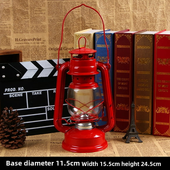 Red Retro Iron Glass Kerosene Lantern: Vintage Handheld Decorative Prop for Outdoor Camping, Nostalgic Home Decor with Durable Construction and Protective Shade