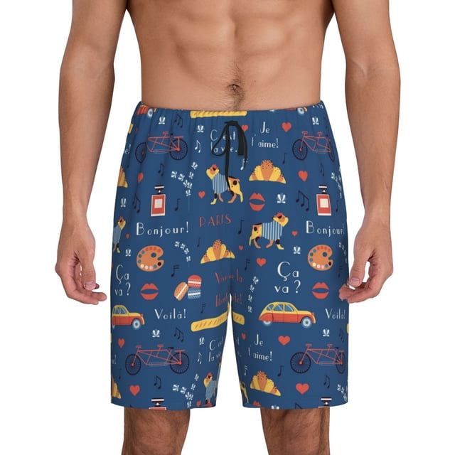 Balery French Bulldog Dog In Beret Pantalones cortos de pijama de punto de algodón para hombre con cinturilla y bolsillos-Small