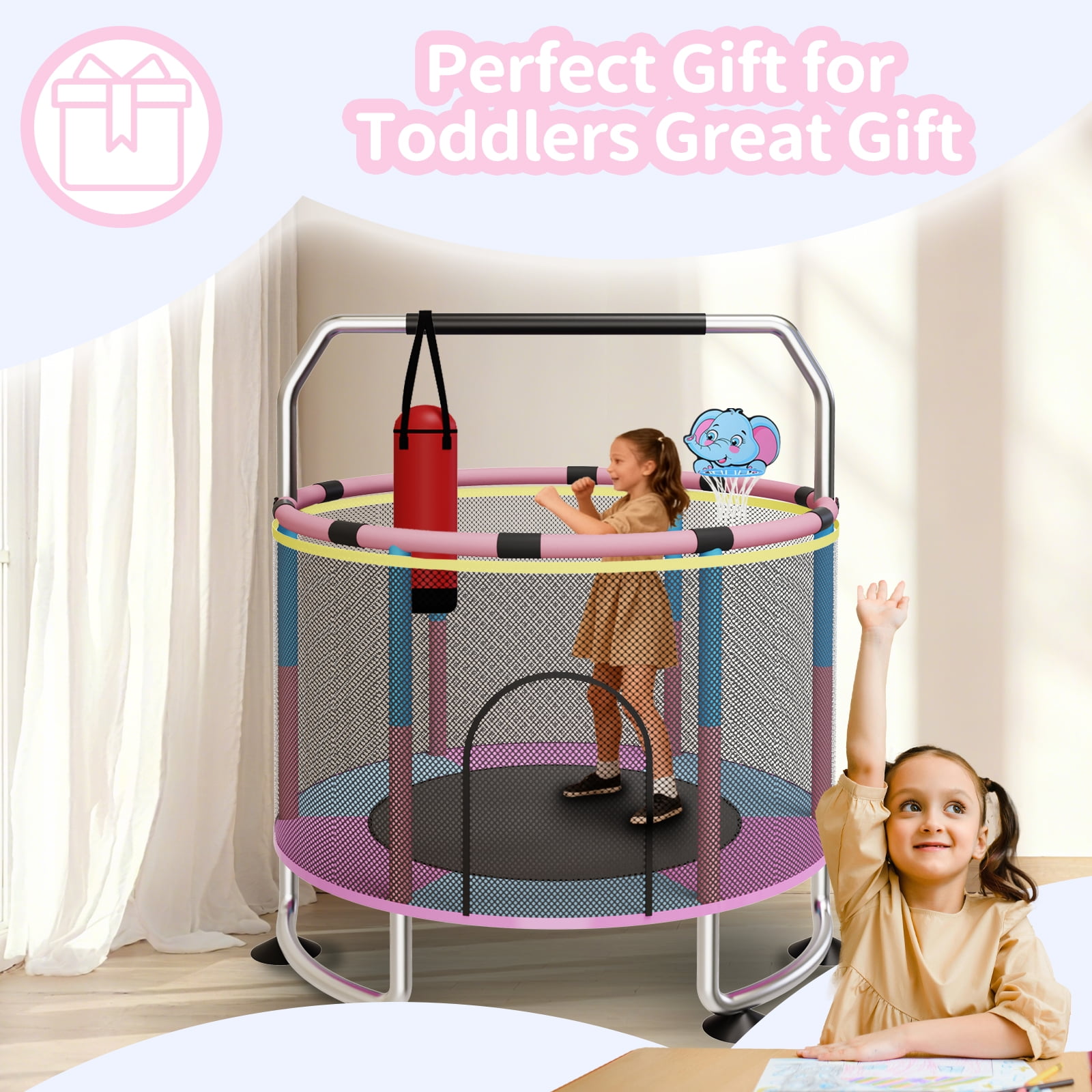 G TALECO GEAR Trampoline for Kids, Toddler Trampoline with Adjustable Gymnastics Bar & Toys, Indoor & Outdoor Round Small Trampoline Gift for Boys & Girls,  400lbs, Pink & Blue