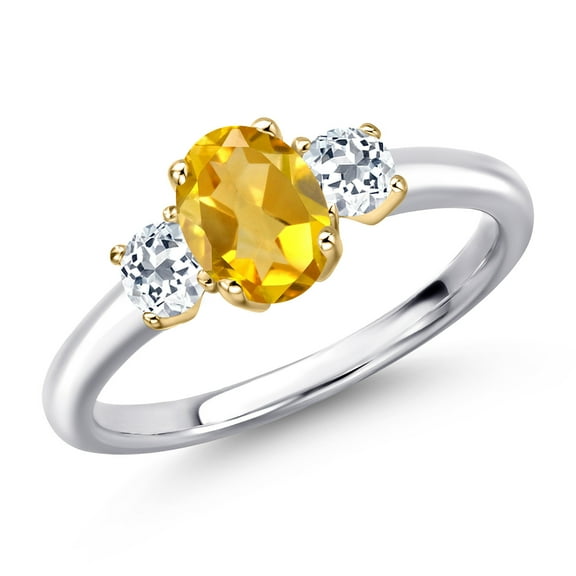 Gem Stone King 10K Two Tone Gold Yellow Citrine and White Topaz Engagement Ring for Women | 1.18 Cttw | Oval 7X5MM | Gemstone November Birthstone | Size 5