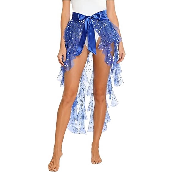 XIAOCHA Women's Sequin Mesh Wrap Skirt Satin Bow High Waist Skirt Festival Rave Party Skirts Blue One Size