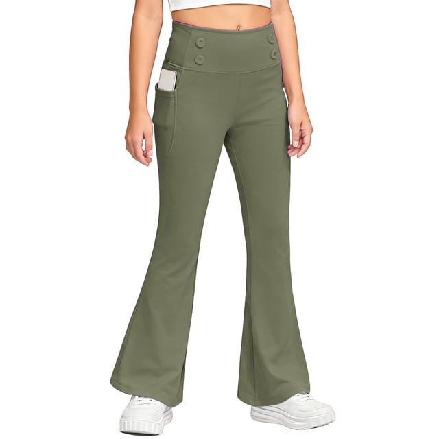 Pantalones largos, leggings acampanados para niñas, pantalones de yoga y baile de cintura alta, leggings para niños con bolsillos, pantalones de yoga para mujer