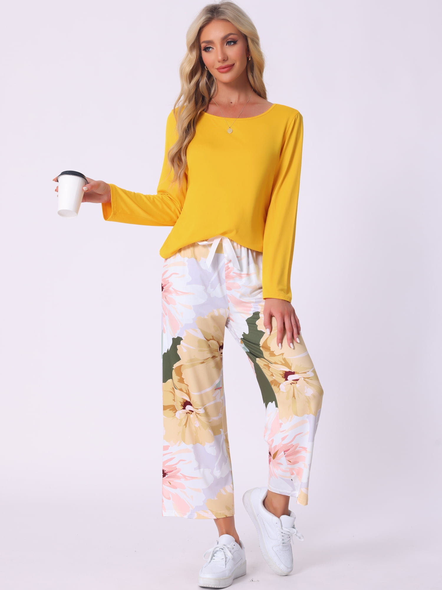 DARING DIVA Long Sleeve Floral Capri Soft Strechy Pajama Sets 2 Pieces S Yellow