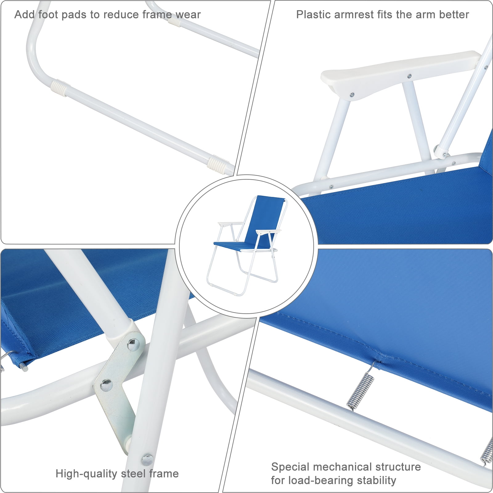 Blue Foldable Outdoor Beach Chair, Oxford Cloth & Iron Pipe Load-Bearing 100kg