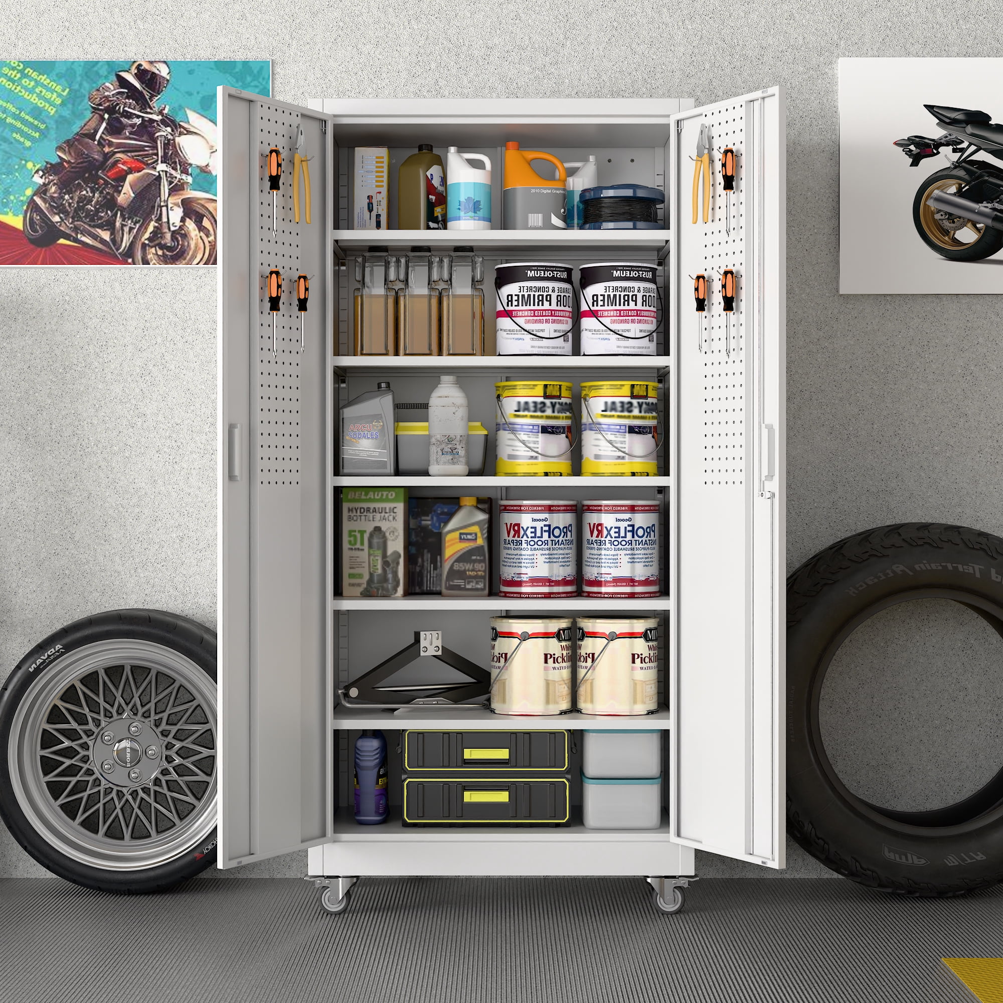 HUAXRON Metal Storage Garage Cabinet with Wheels, Office Cabinet with Storage Shelves and Double Doors, for Garage and Utility Room, Home Office, Assemble Required , White