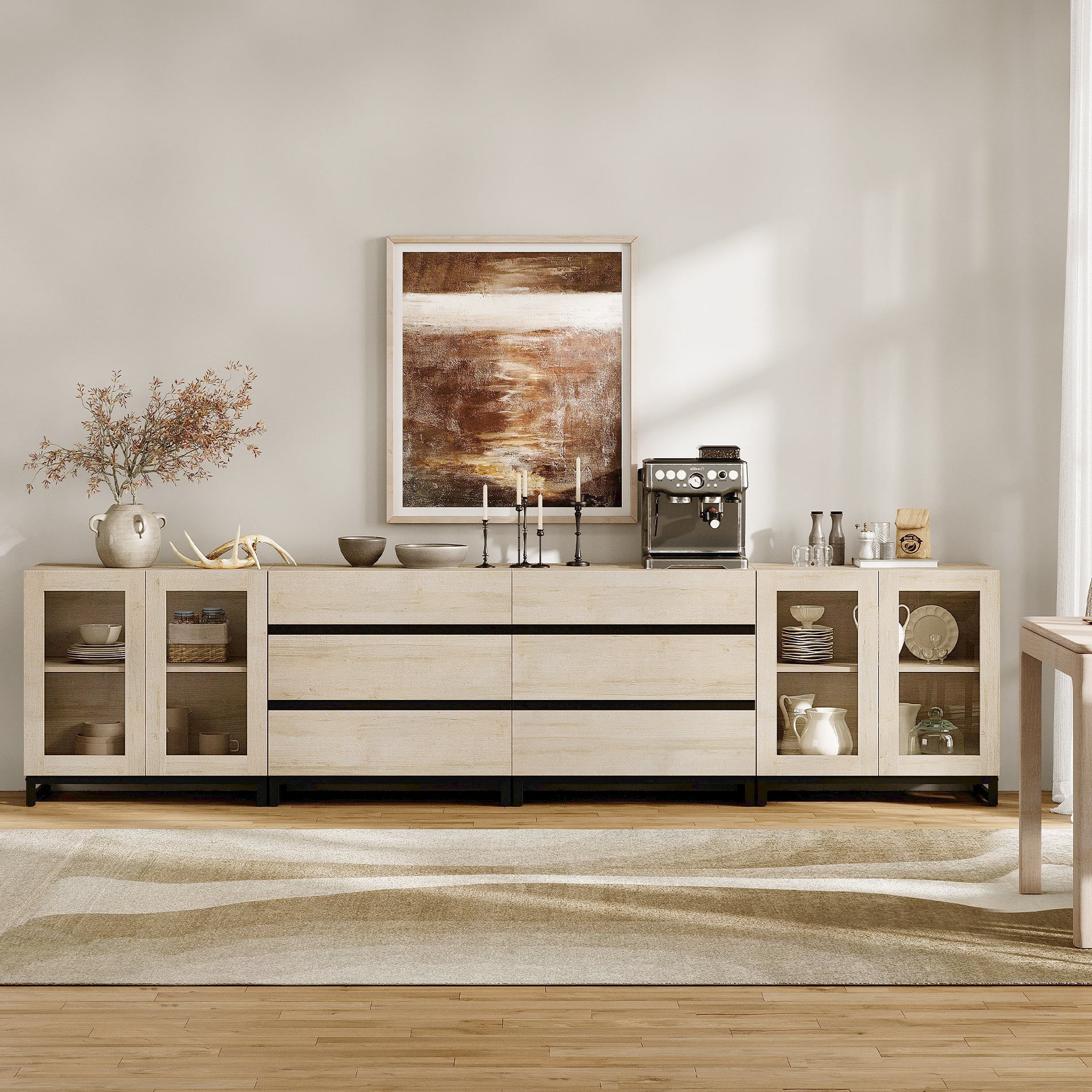 Multifunctional Coffee Bar Cabinet, 4-In-1 Storage Sideboard with Glass Doors, 6 Drawers and Adjustable Shelf, Sturdy Metal Base Buffet Cabinet for Kitchen Living Room,Beige