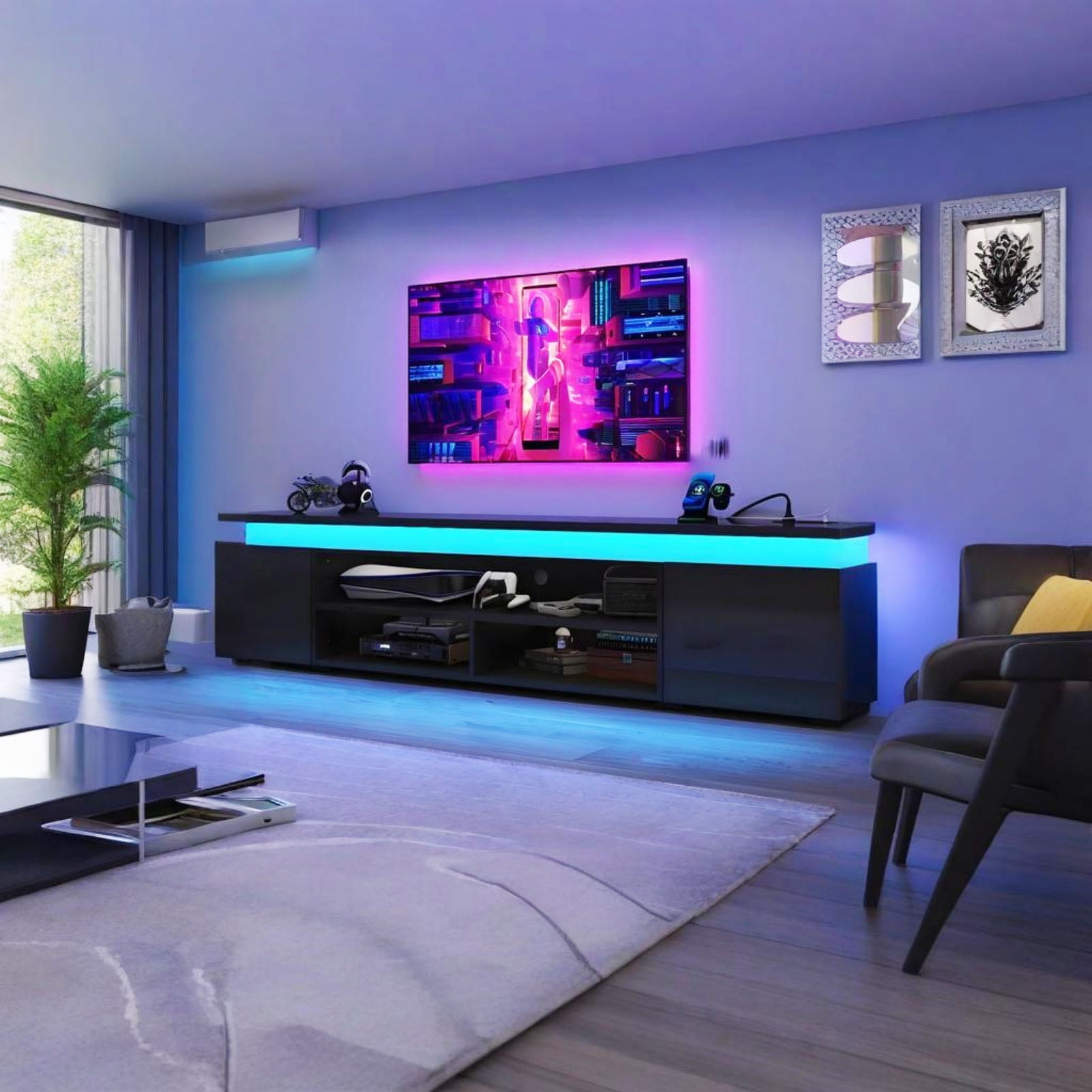 75" LED TV Stand with Power Outlet for up 85" TVs, Modern Large Entertainment Center TV Console Table with Long Open Shelf