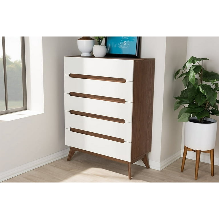 Baxton Studio Calypso Mid Century Modern White and Walnut Wood 5 Drawer Storage Chest