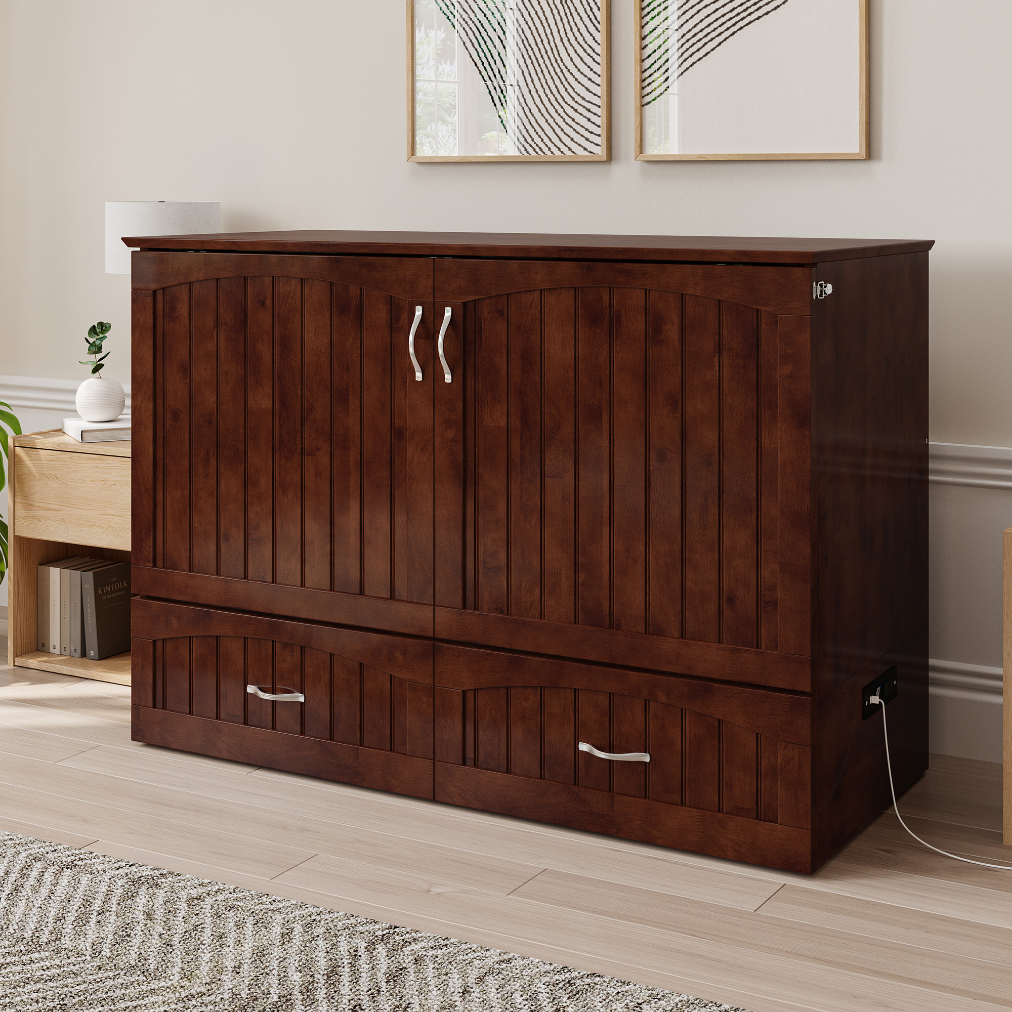 AFI Southampton Full Wood Murphy Bed Chest with Mattress, Drawer & Charger in Walnut