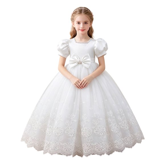 Girls Puff Sleeve Bow Ball Gown Dress Embroidered Mesh Floor Length Birthday Party Pageant Princess Dress (13-14 Y, White)