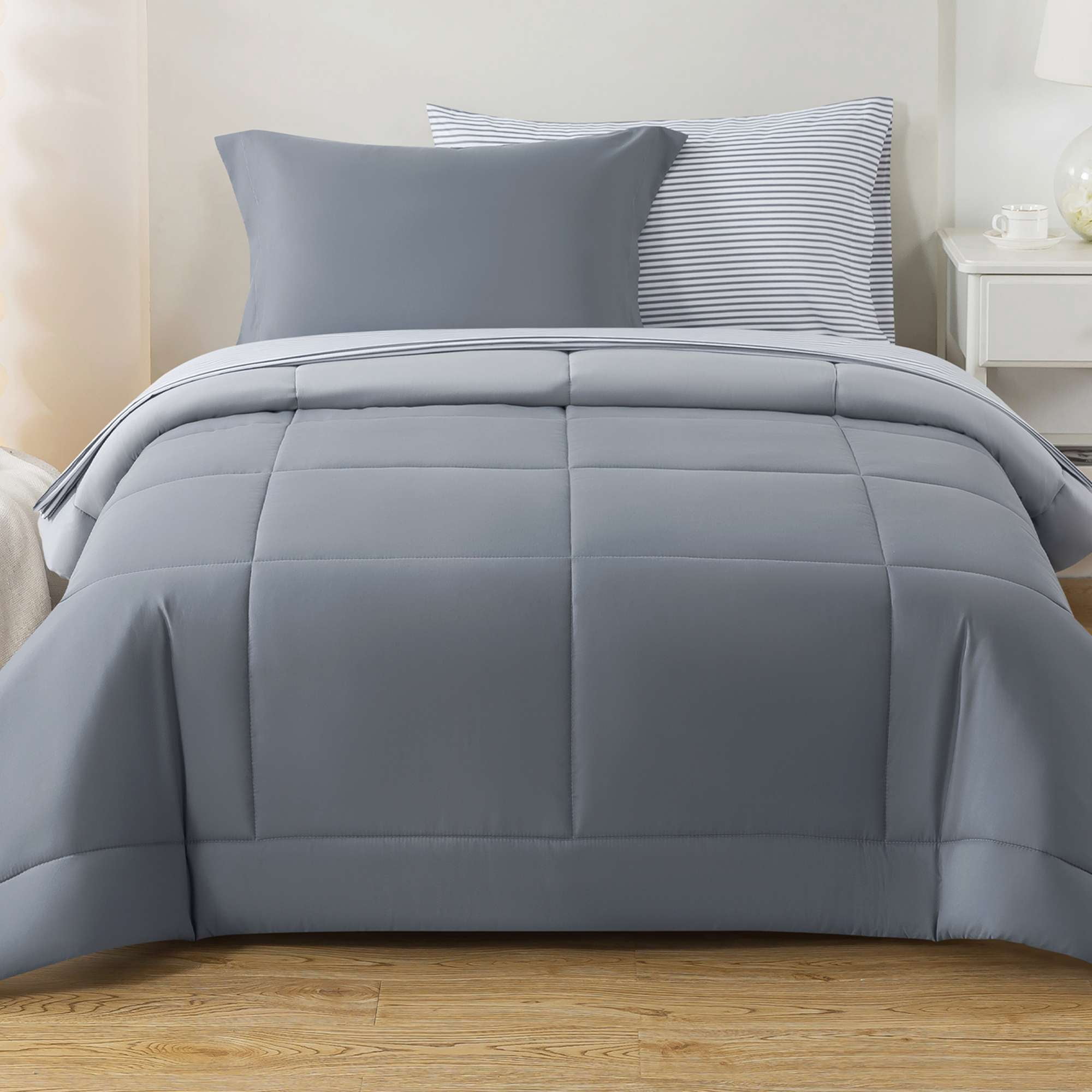 Mainstays All in One Reversible Comforter and Sheet Set, 5-Piece, Twin, Gray
