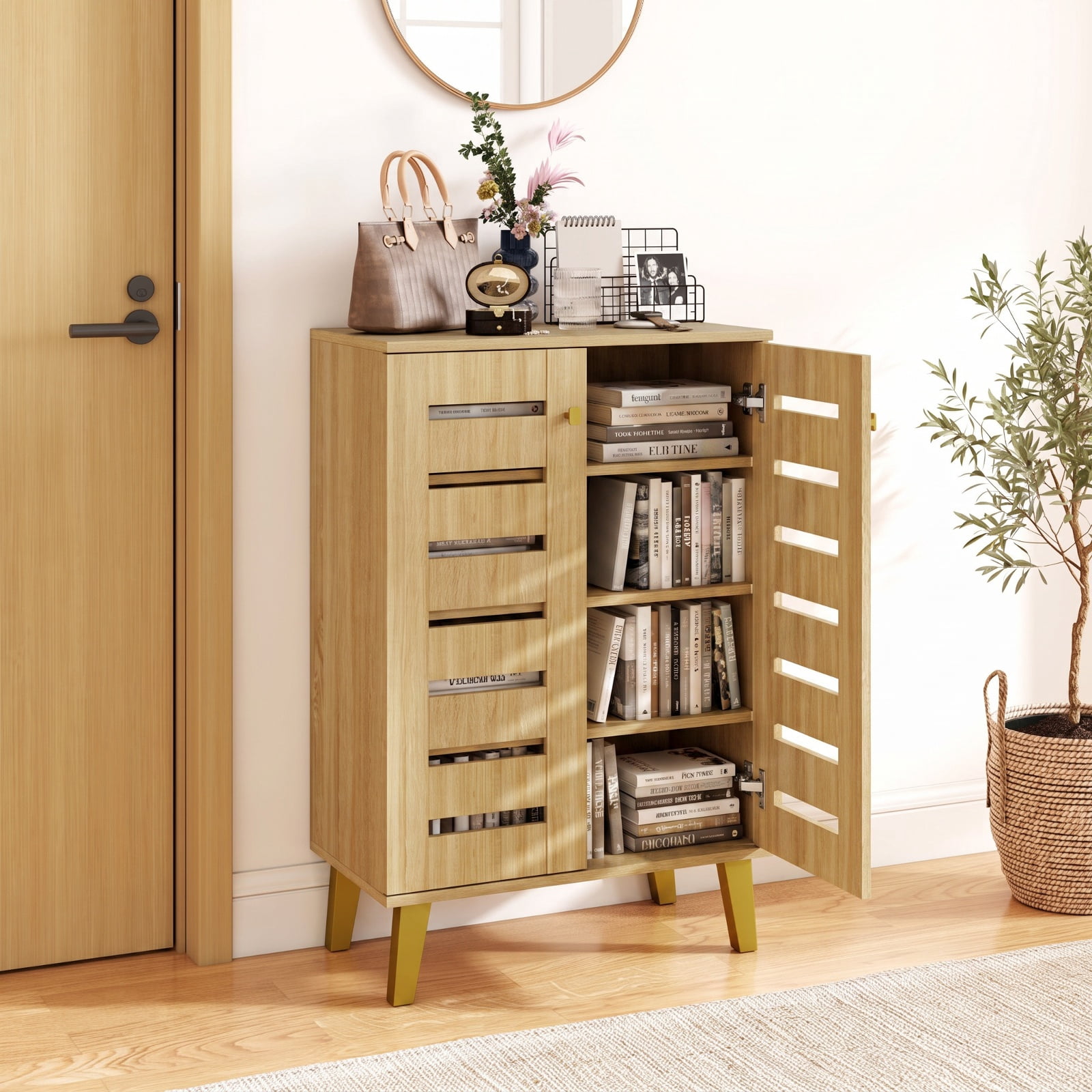 Furnibear 4 Tier Freestanding Wooden Shoe Cabinet with Louvered Doors and Removable Shelves for Entryway Hallway and Bedroom, Oak