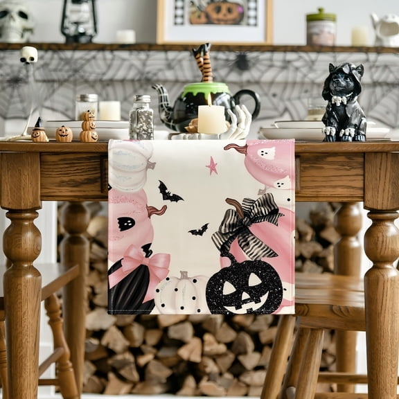 MInHoues Pink Black Pumpkin Bat Halloween Table Flag Table Runner, Pastel Spooky Holiday Table Scarf, Kitchen Dining Table Decor for Indoor Outdoor Party Home Ornament,72x13 Inch