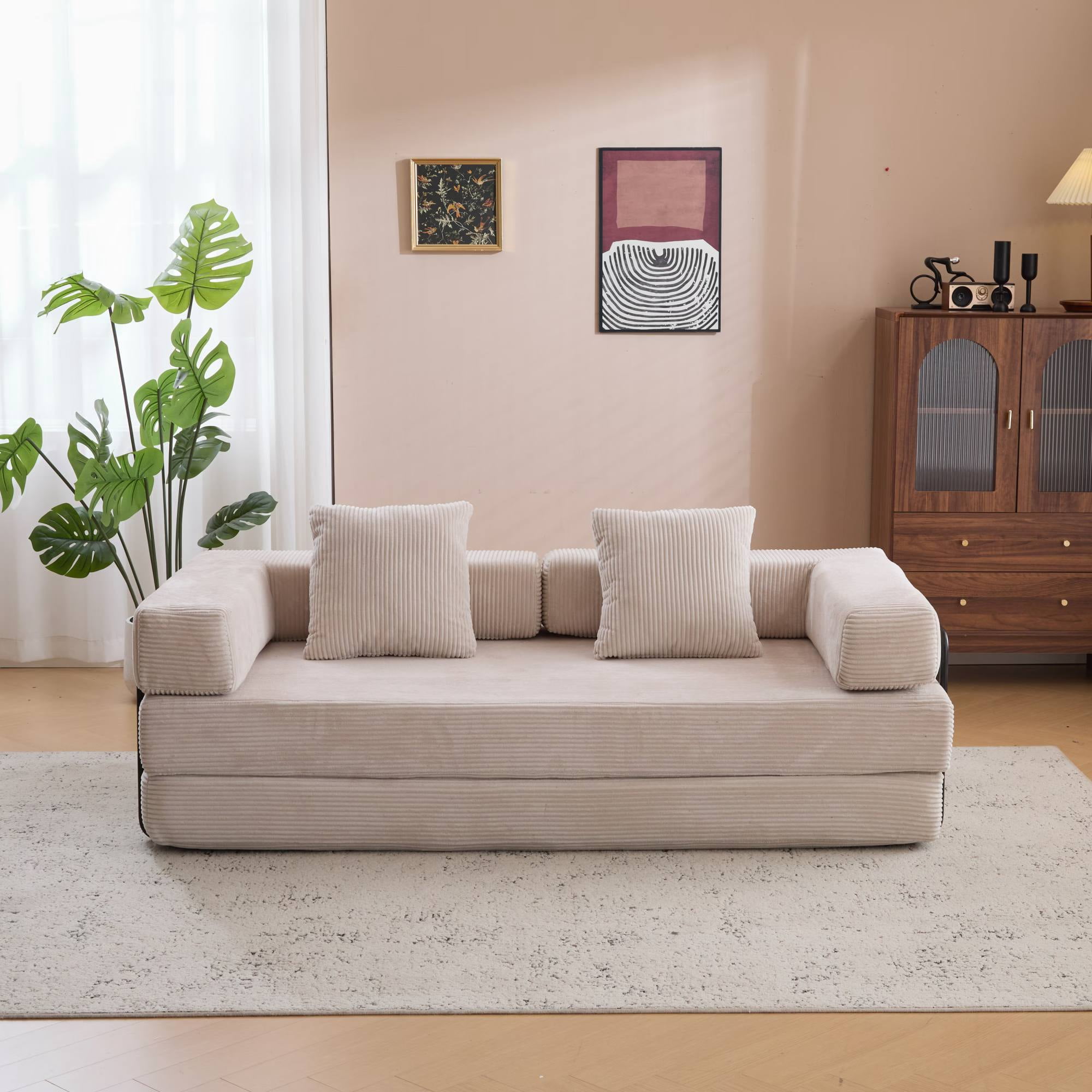 Convertible Sleeper Sofa Bed with Pillow, Corduroy Folding Mattress Floor Sofa Lounge Couch for Living Room, Bedroom, Light Grey