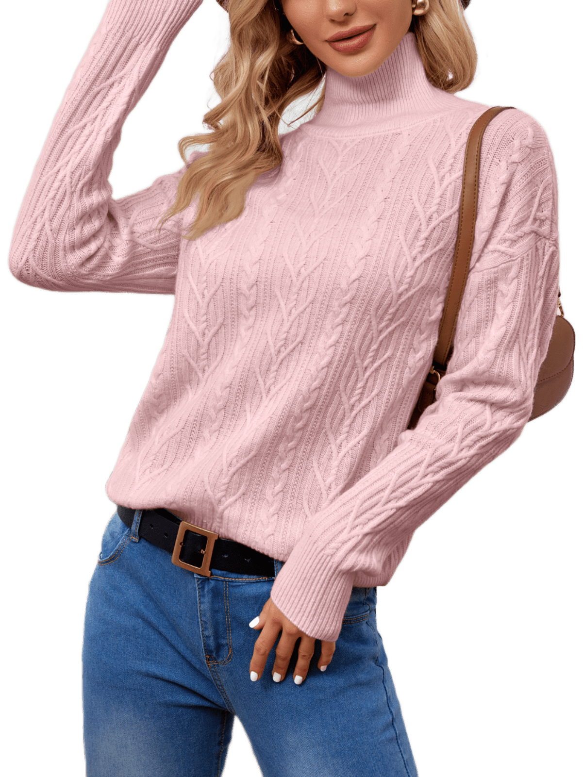 BERTHMEER Pink Turtleneck Womens Sweaters Tops Oversized Sweaters Cable