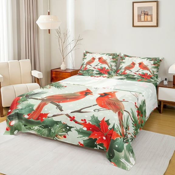 Manfei Christmas Cardinal Bird Twin Sheet Sets,Merry Xmas Twin Fitted Sheet,Rustic Red Berry Leaf Flat Sheet For Girl Teens,Breathable Home Decor,3pcs
