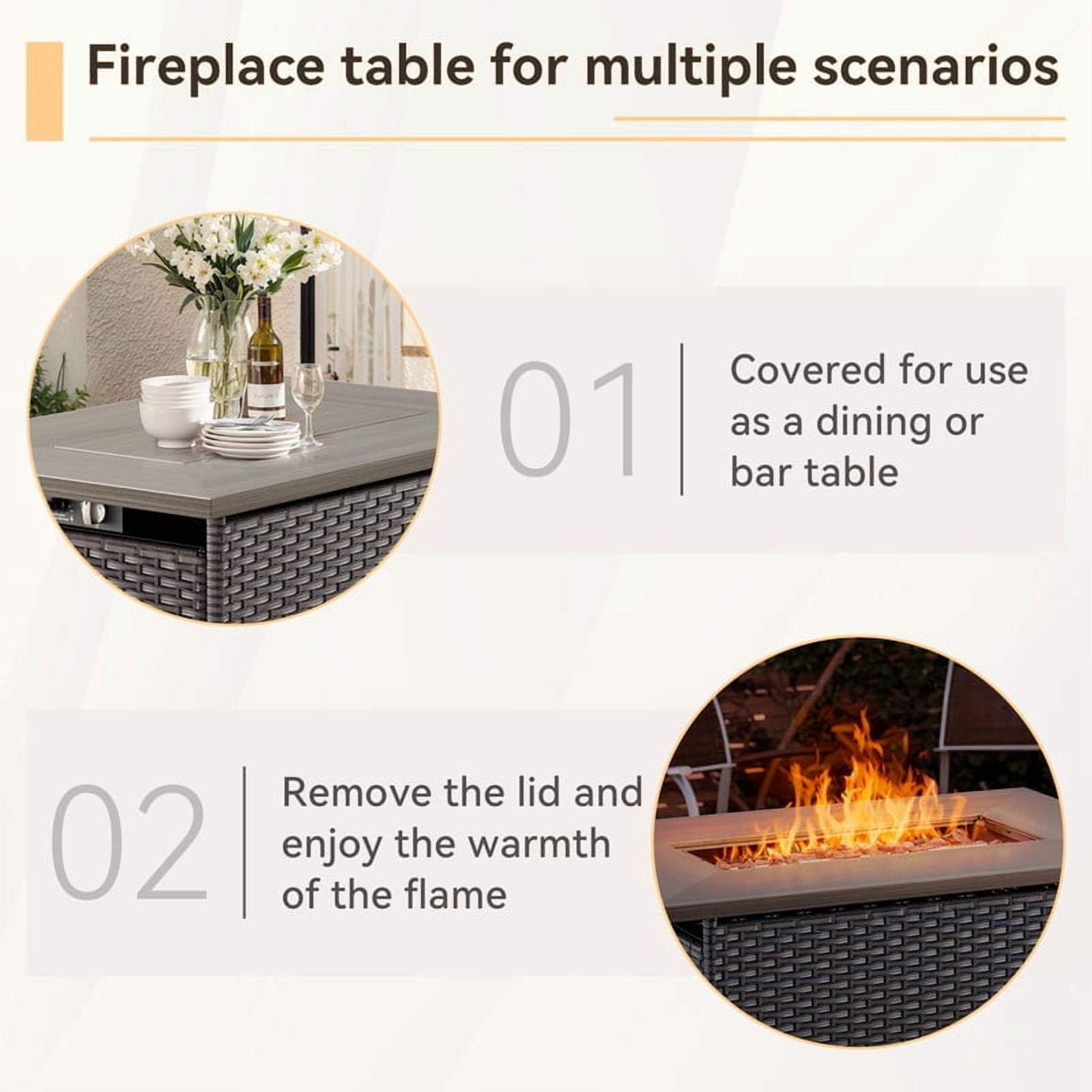 6 Piece Patio Furniture Set with 41" Fire Pit Table, Outdoor All Weather Wicker Rattan Furniture with Swivel Rocking Chairs, Ottomans and 3-Seat Sofa for Backyard Balcony Deck, Blue/Brown
