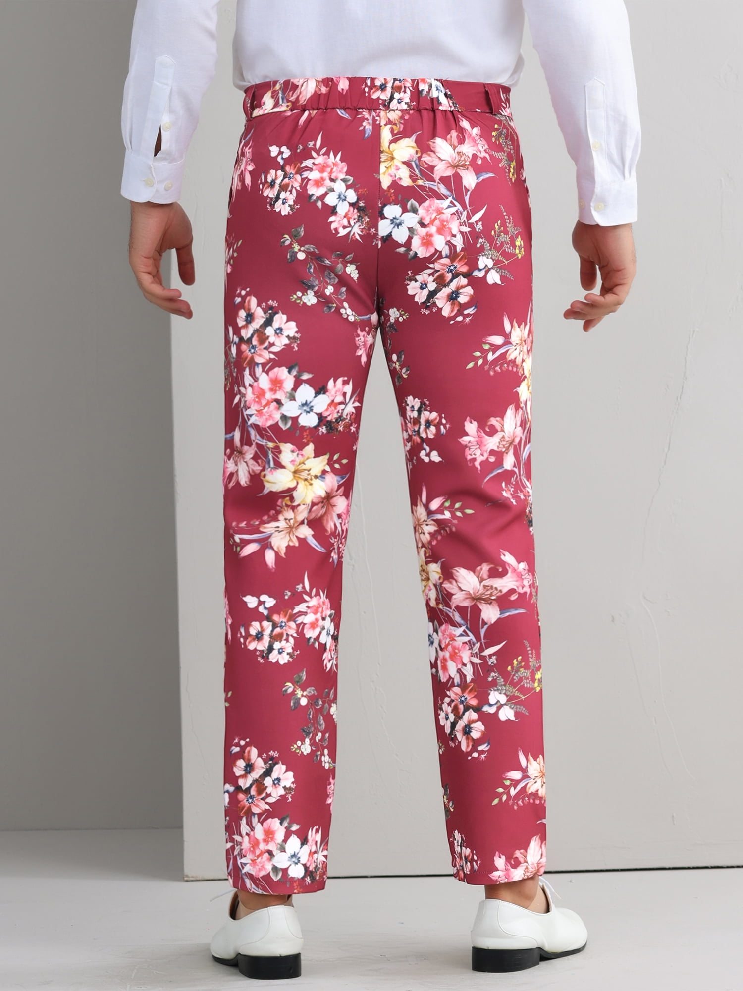 DARING DIVA Men's Flat Front Party Flower Printed Slacks Dress Pants 38 Burgundy Pink