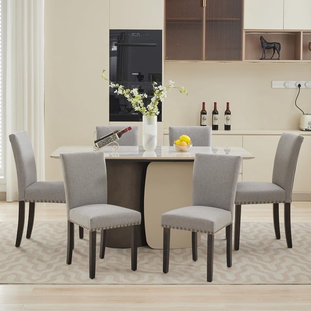 Juego de 2 Sillas Parsons para Comedor - Tapizado en Tela Gris Tipo Arpillera con Respaldo Alto, Patas de Madera Maciza y Acabado Decorativo - Estilo Clásico para Interiores