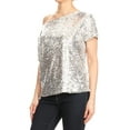 thumbnail image 3 of Womens Short Sleeve One Shoulder Sparkly Glitter Sequin Top Shirt, 3 of 5