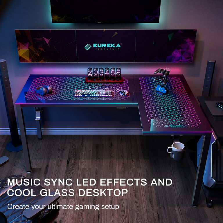 EUREKA ERGONOMIC RGB Glass Gaming Desk, Music Studio Desk, 47 Inch  Adjustable Height Computer Desk Music Sensing LED Sit Stand Desk for Home  Office
