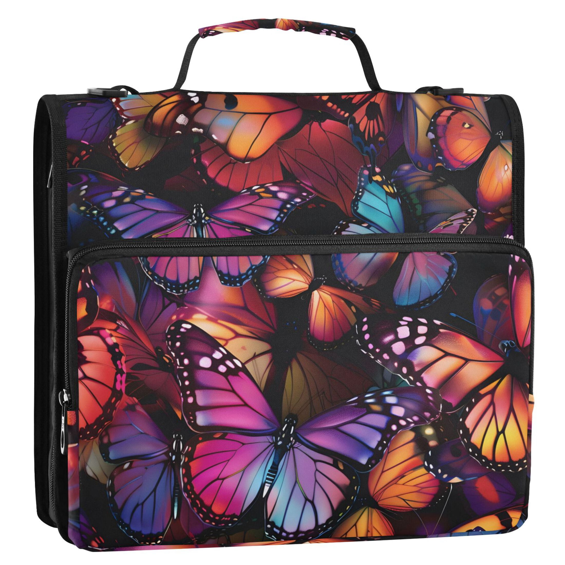 ALAZA Zipper Binder Orange Purple Butterfly 3 Ring Trapper Keeper File Folder Organizer Bag