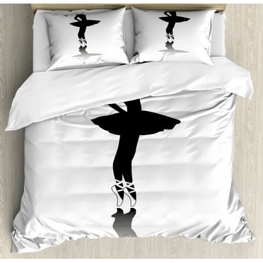 Ballet Duvet Cover Set Queen Size, Silhouette of Woman Dancer on Stage with Tutu Body Beauty Musical Entertainment, Decorative 3 Piece Bedding Set with 2 Pillow Shams, Black and White, by Ambesonne