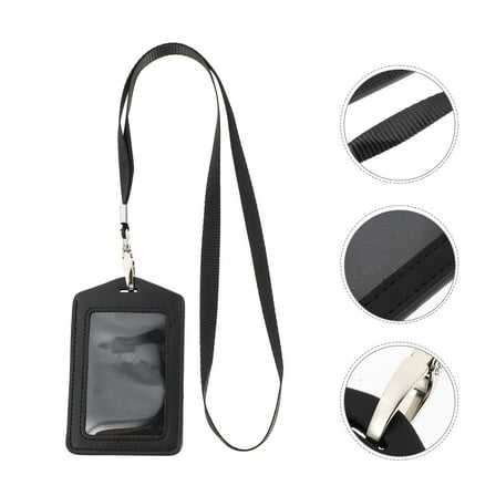 LOLIPPYY 1Pc Black Id Holder with Lanyard Waterproof PU Badge Holder for Card Storage