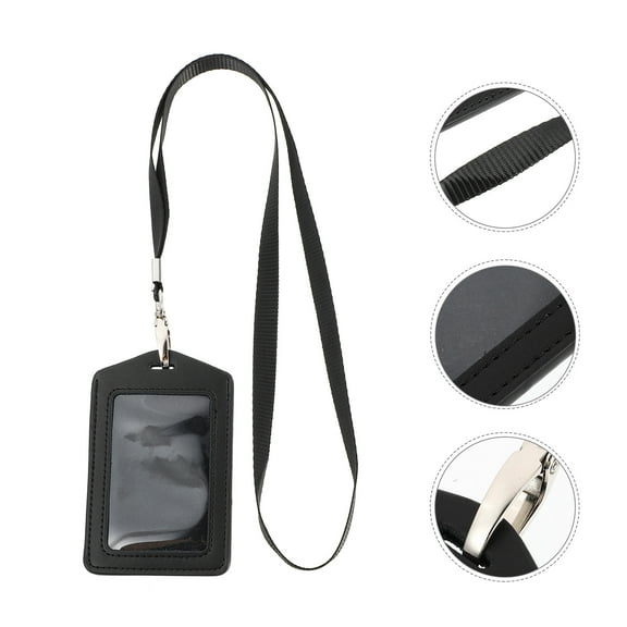 LOLIPPYY 1Pc Black Id Holder with Lanyard Waterproof PU Badge Holder for Card Storage