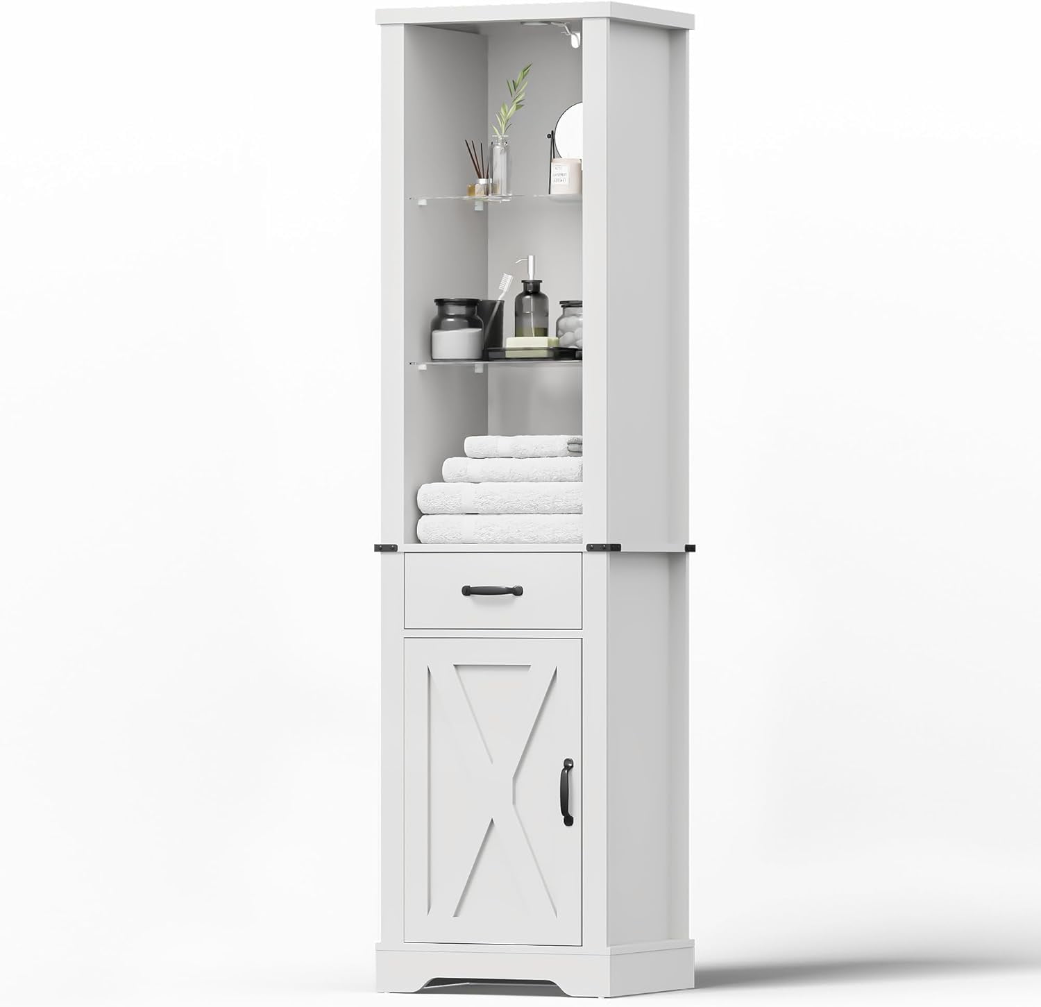 Superjoe 75'' Tall Storage Cabinet with LED Light, Farmhouse Pantry Cabinet with Tempered Glass Adjustable Shelves & Barn Door, Freestanding Linen Tower for Bathroom, Living Room, Kitchen, White