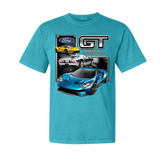 Wild Bobby, Ford GT American Horse Power Mustang, Cars and Trucks, Garment-Dyed Washed Look Short Sleeve Tees, Blue Lagoon, Small