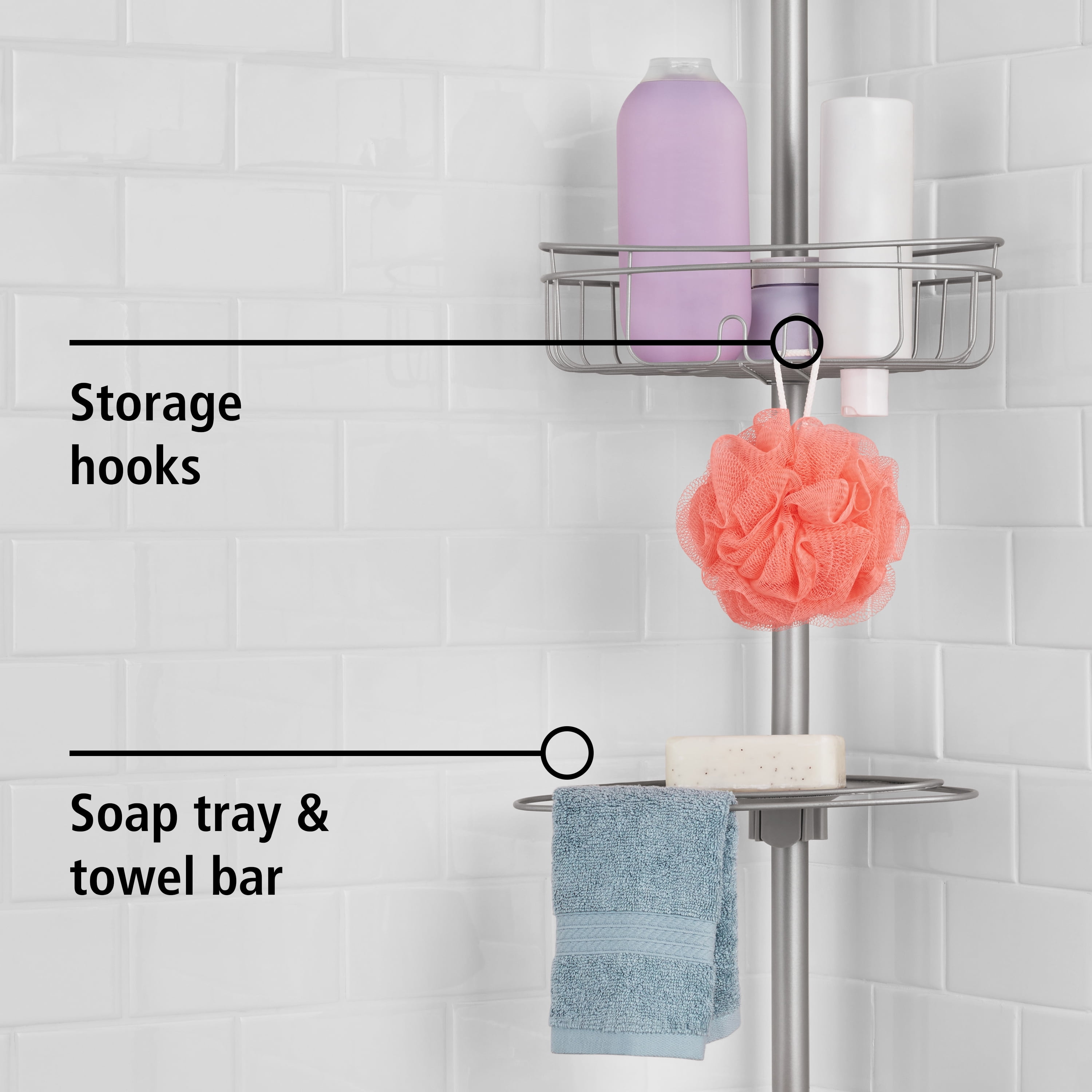 Mainstays Tension Rod Shower Caddy, Rust-Resistant 3 Tier Corner Pole Caddy, 5 - 8 ft, Satin Nickel