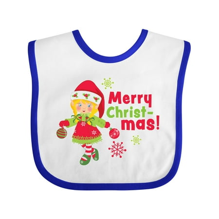 

Inktastic Merry Christmas Elf with Blonnde Hair and Snowflakes Gift Baby Girl Bib