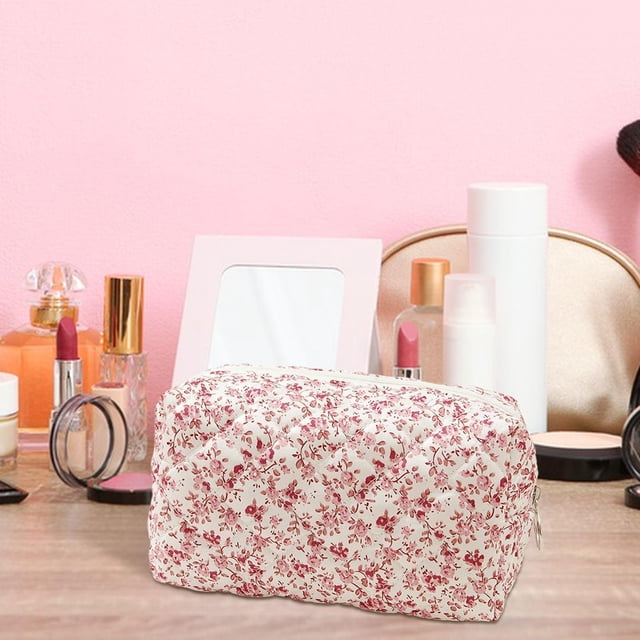 Organizador de cosméticos Neceser con estampado de flores para mujer, bolsa de maquillaje de viaje multifuncional ligera, bolsa de cosméticos para el Rosa claro