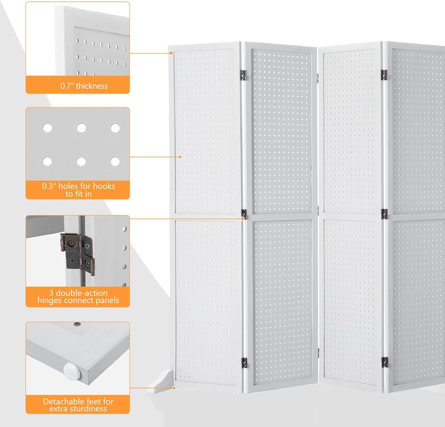 Bonnlo 4/6 Panel Pegboard Freestanding, 5 FT Portable Display Board Organizer for Craft Show Jewelry, Wooden Folding Privacy Screen Room Divider (White, 6 Panel with Base)