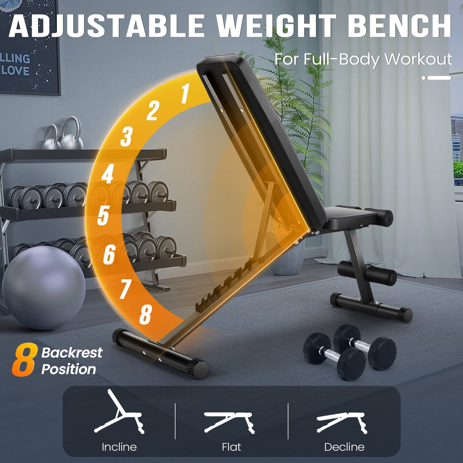 VIBESPARK 660LBS Foldable Weight Bench for Home Gym, Workout Bench Press with Fast 8 Adjustable Backrests, Incline/Flat/Decline Olympic Bench for Full Body Strength Training