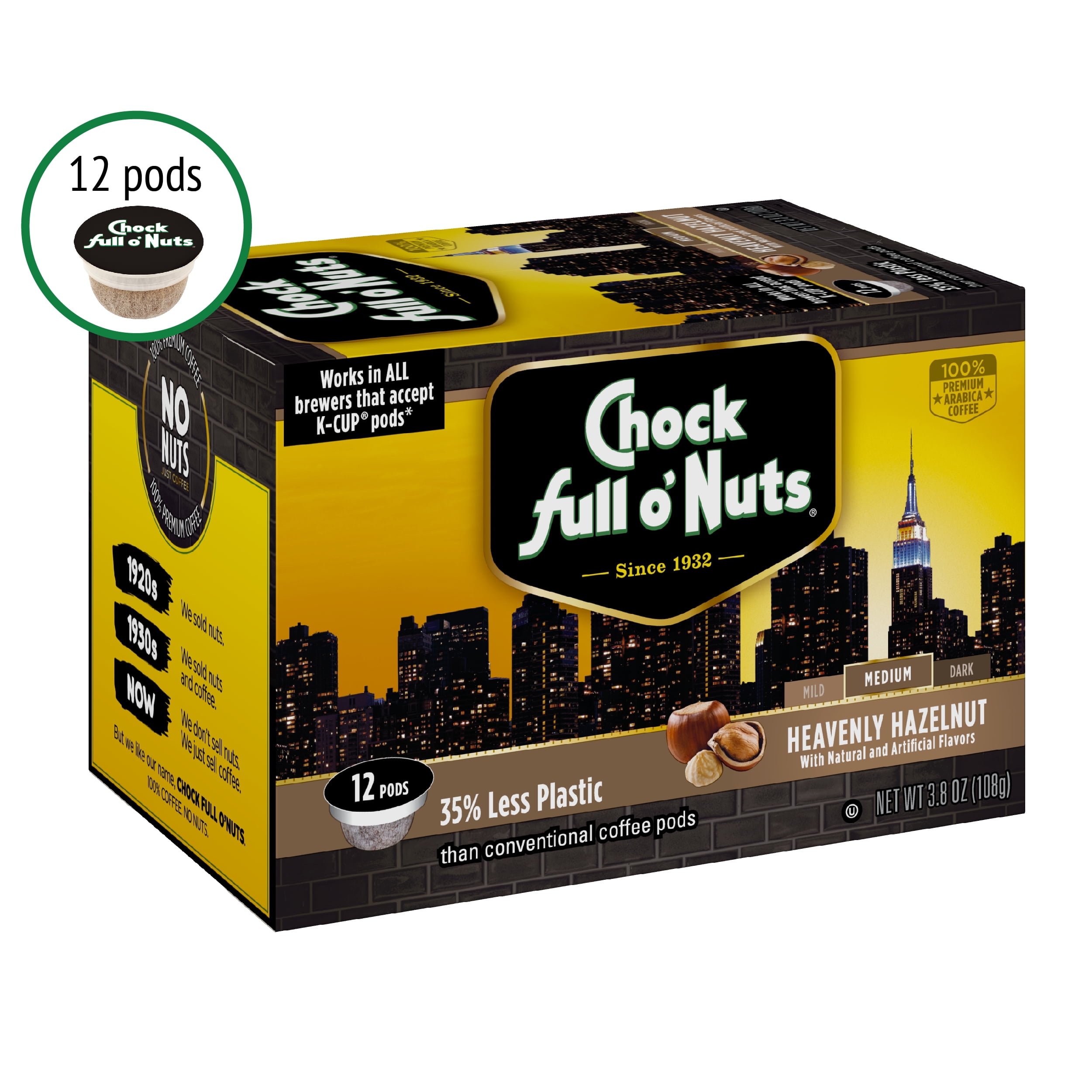Chock full o'Nuts Heavenly Hazelnut K-Cup Coffee Pods, Medium Roast, 12 Count Box