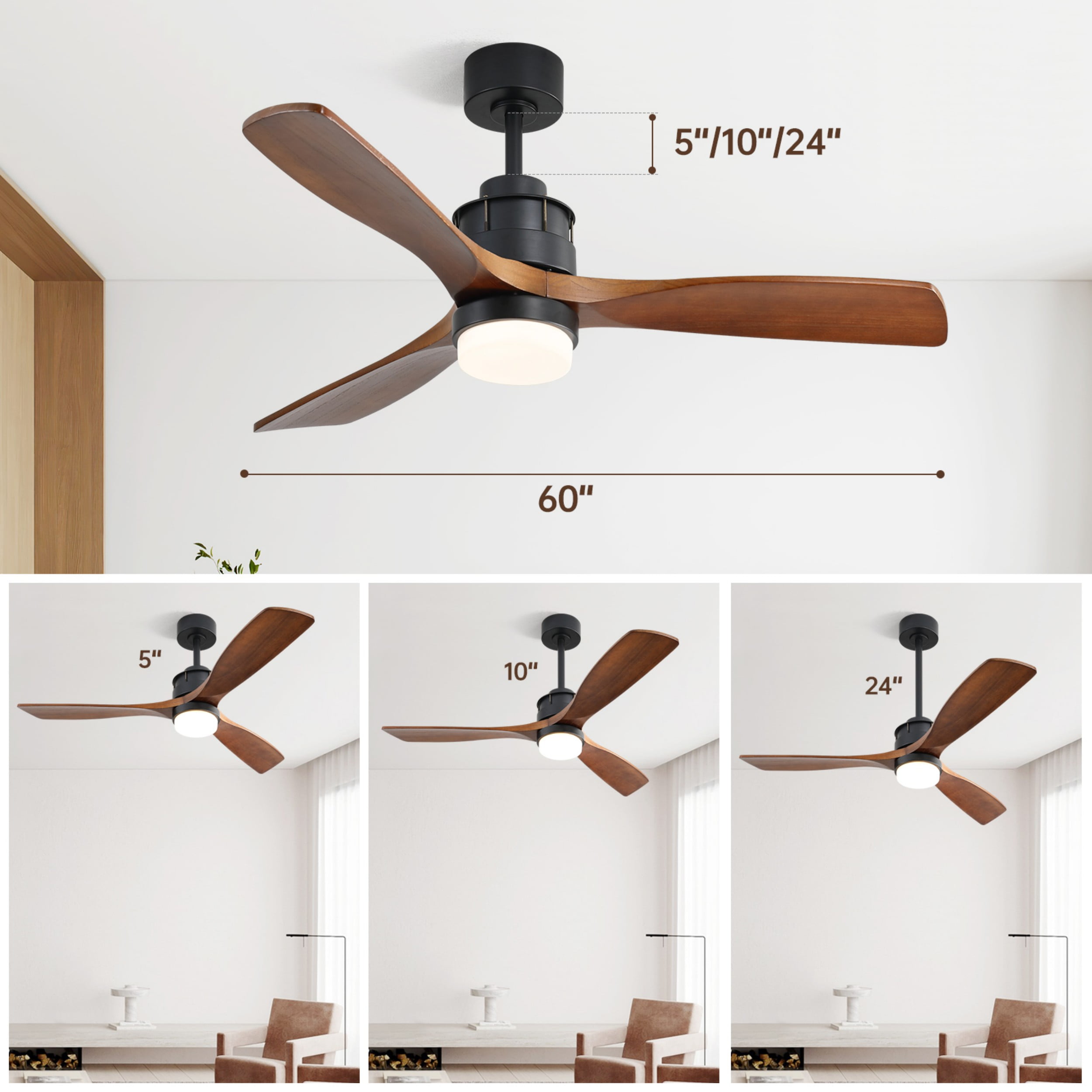Sofucor 60 Inch Ceiling Fans with Lights and Remote Control, Modern Solid Wood Outdoor Ceiling Fan with Light for Bedroom Living Room Indoor Farmhouse Patio, Quiet DC Motor