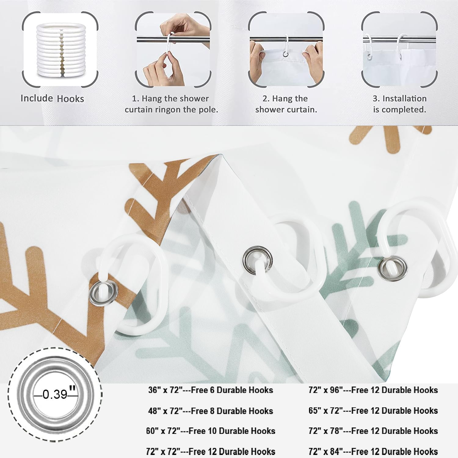 Christmas Shower Curtain, Blue and Brown Xmas Snowflake White Background Winter New Year Holiday Bathroom Curtain Waterproof Fabric Machine Washable with Hooks, 72" Wx84 L